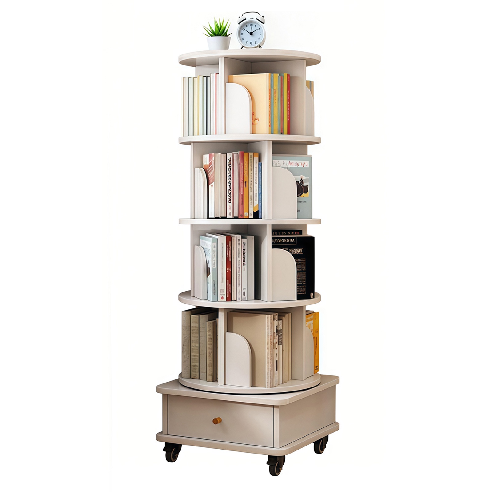 PORKISS 5 Tier Rotating Bookshelf, 360° Display Rotating Bookcase with Wheels and Drawer, Corner Storage Rack, Book Organizer Shelves for Home Office, Living Room, White