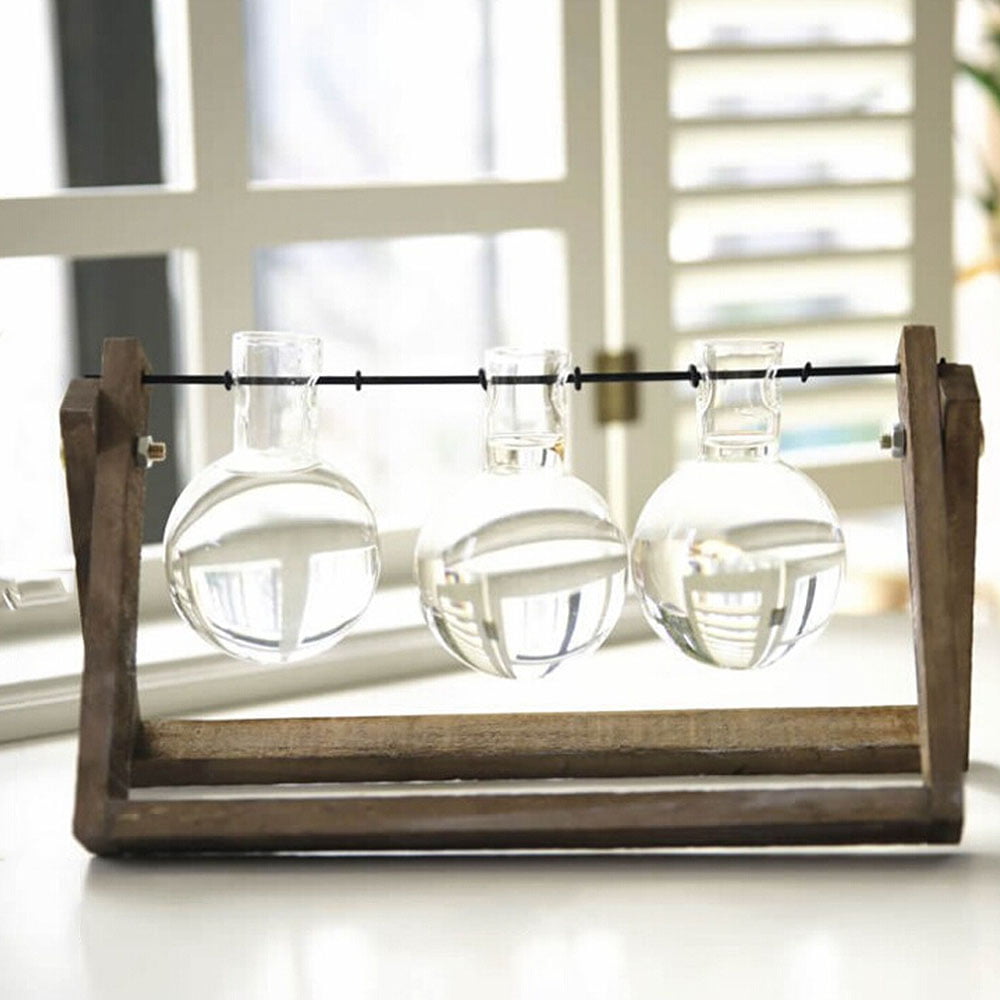 3 Sizes Desktop Glass Planters Bulb Vases With Retro Solid Wood Metal Swivel D2 