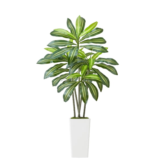 KFFKFF Artificial Dracaena Tree 5 ft, Fake Palm Tropical Plants with White Tall Planter, Faux Floor Silk Plant in Pot, Large Trees
