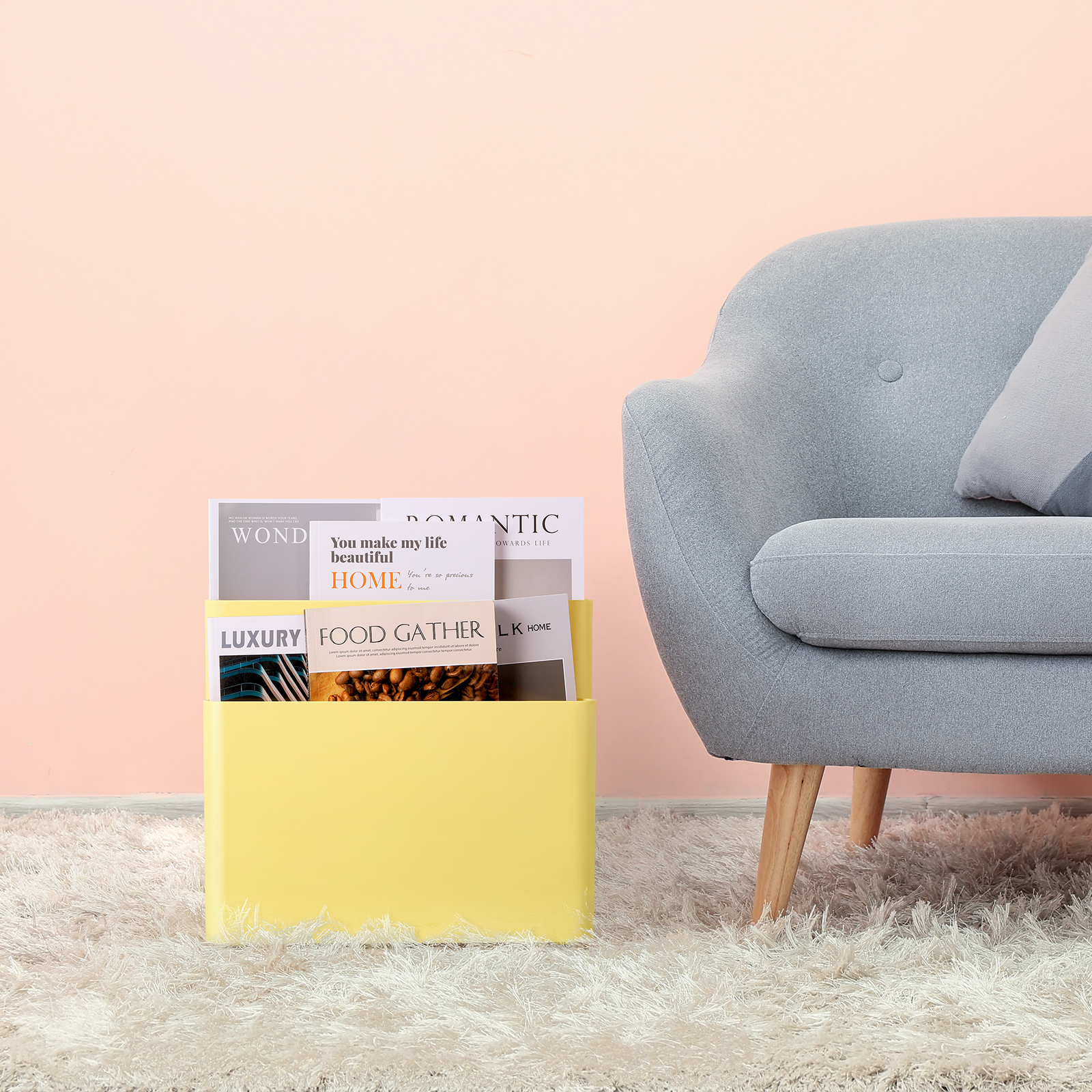 Freestanding Four Pocket Plastic Magazine Rack File Holder, Yellow