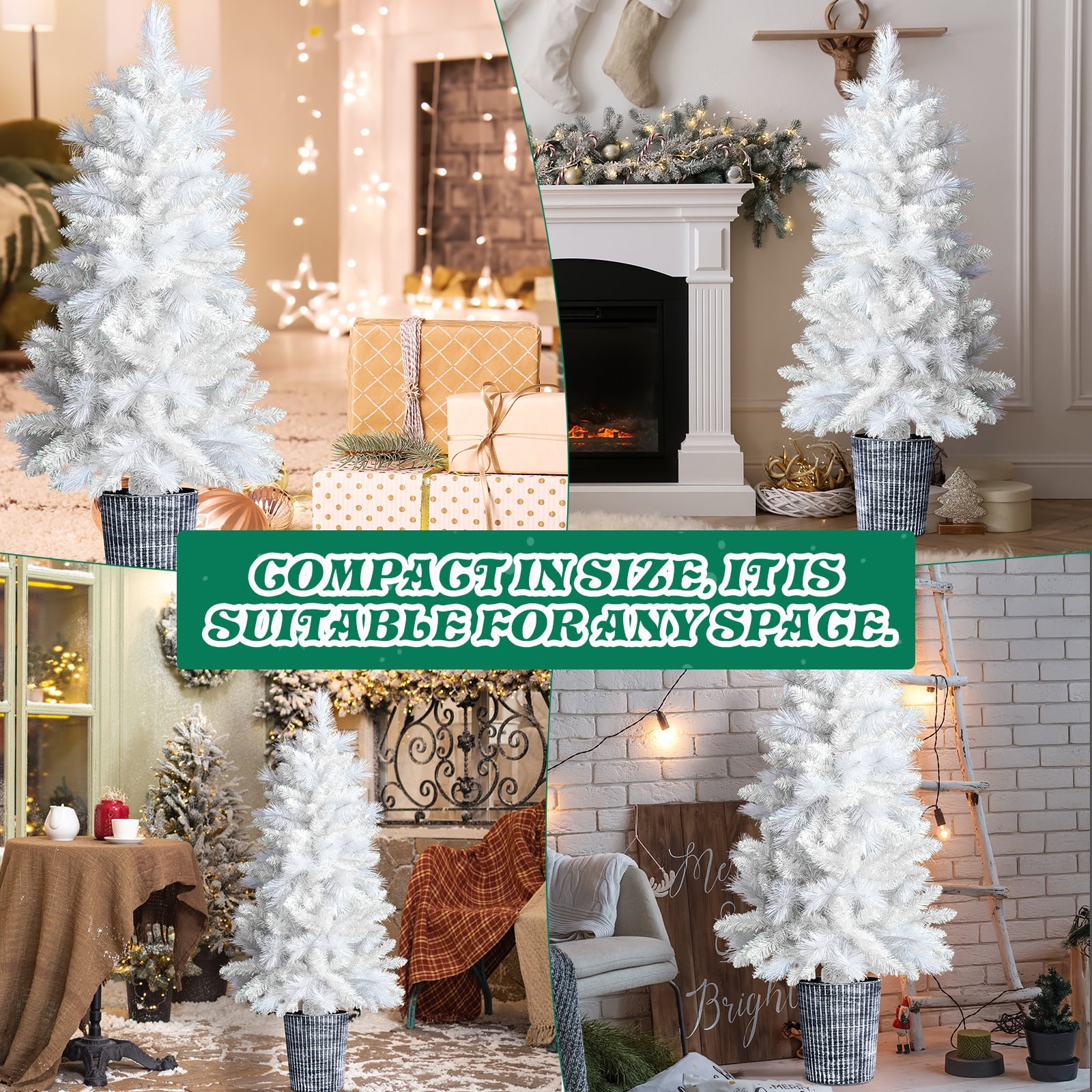 Astoutdoor 4 ft White Artificial Christmas Tree with Pot Stand, 200 Branch Tips, Potted Xmas Pine Tree for Holiday Party Office Home