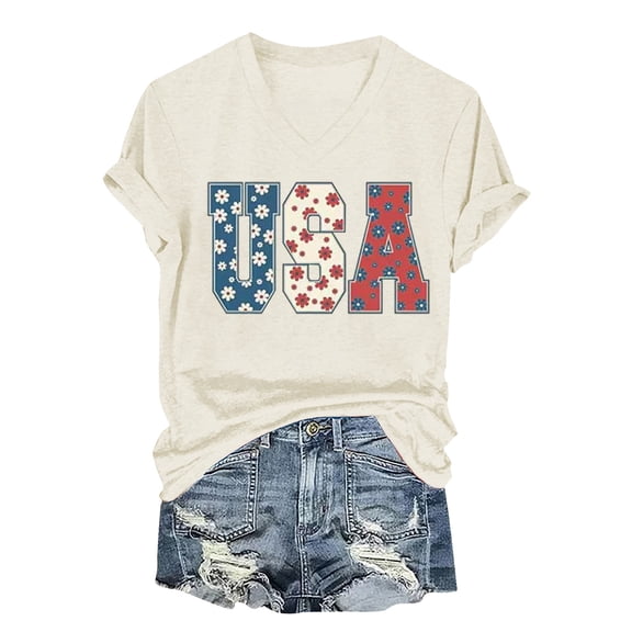 MEICHEN 4th of July USA Flag V Neck Shirt Women Star and Stripes Graphic Tops Short Sleeve Tee Summer Patriotic T Shirt Summer 250th Anniversary Tops