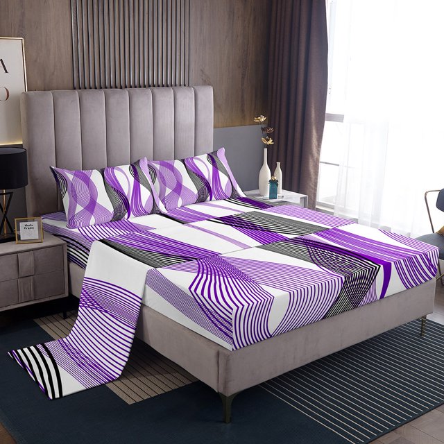 Erosebridal Chic Geometric Sheet Set Queen, Orchid Stripes Bedding Sets Queen Size, Abstract Decor 4-Piece