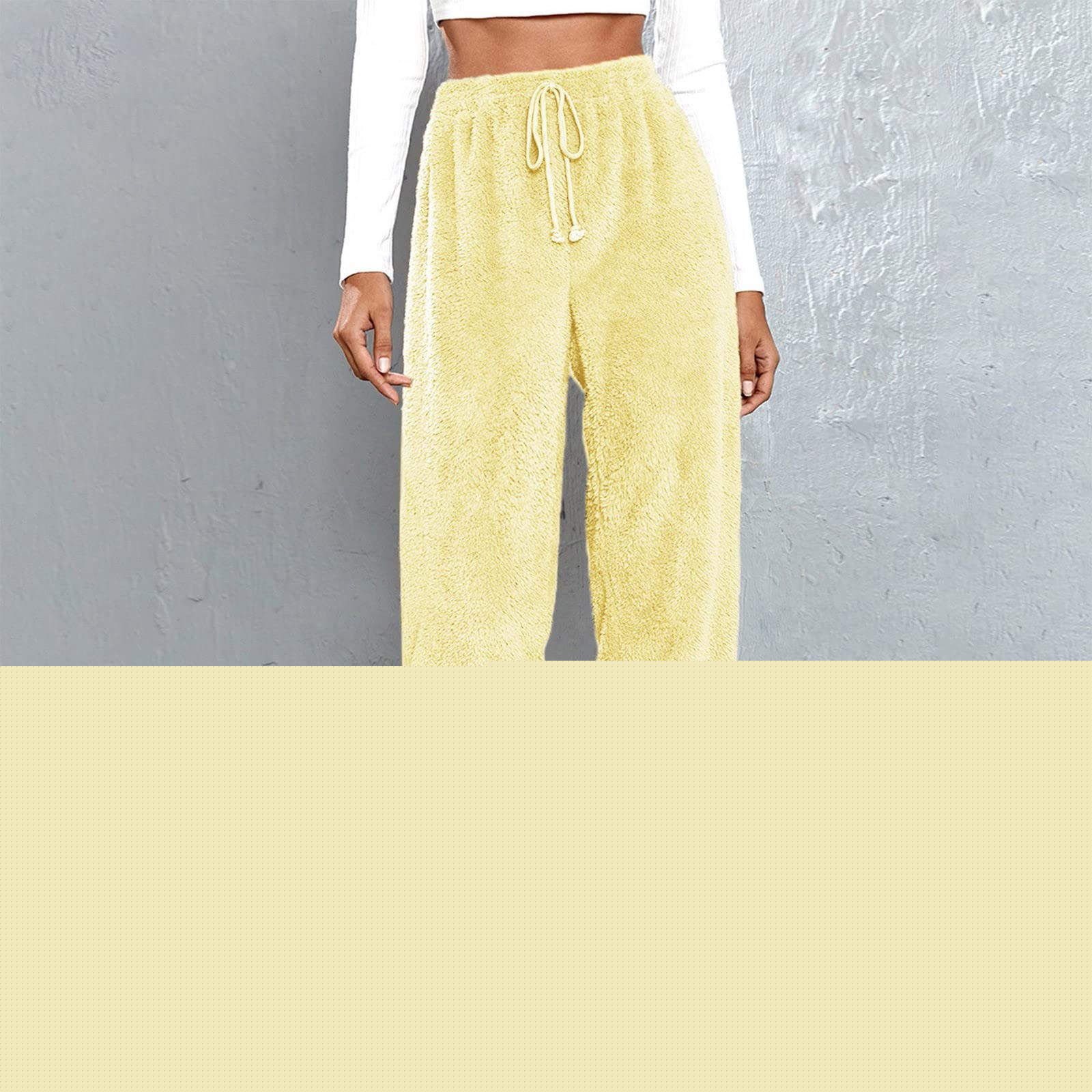 thumbnail image 2 of Women's Faux Lamb Fleece Sweatpants Elastic Waist Drawstring Solid Cuffed Loungewear Joggers with Pockets Yellow 2XL, 2 of 4