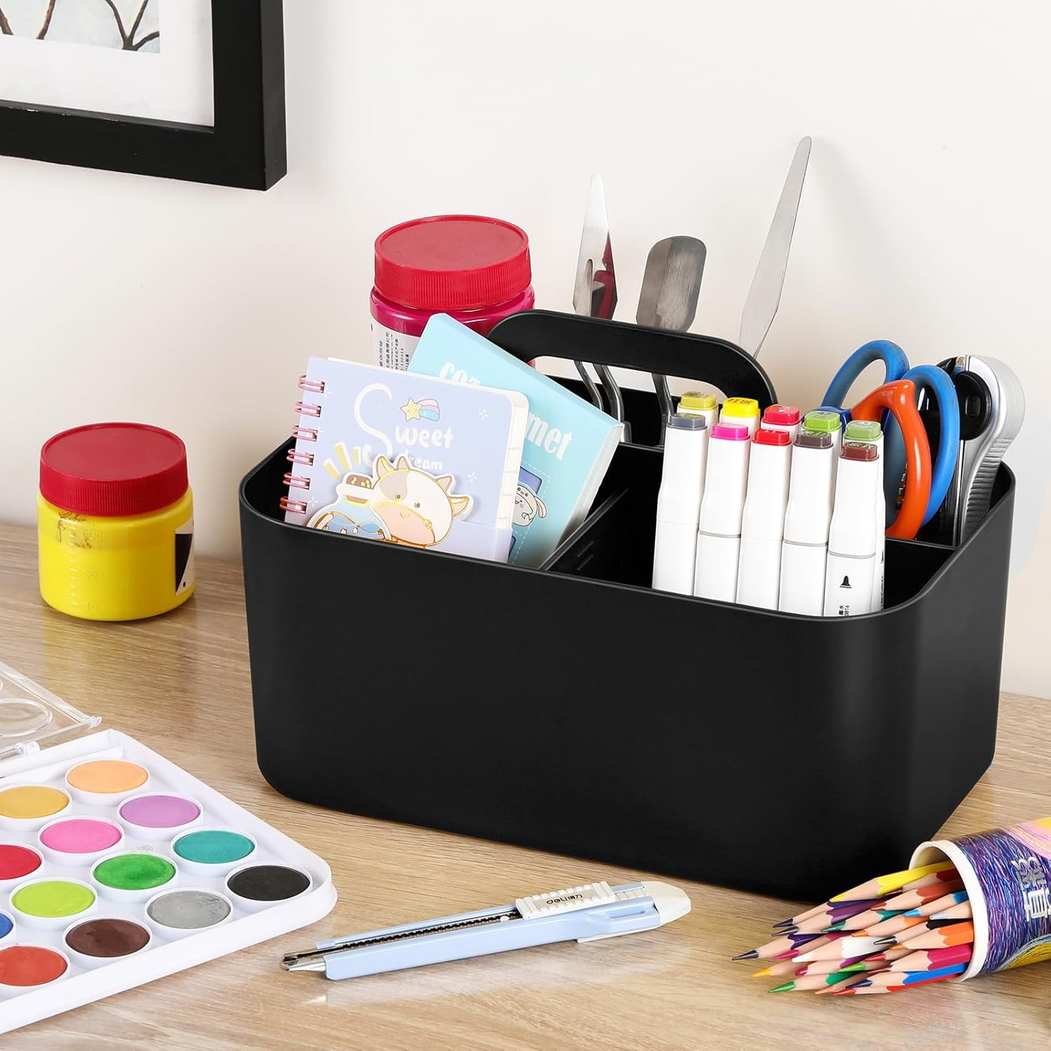 Ahot Multiuse Caddy Organizer with Handle - Stackable Plastic Tote Bin - Art Craft Supplies, Office, Desk, Stationery Pen Holder, Kitchen, Utensil, Makeup, Bathroom, Shower, Cleaning, Dorm Organizer