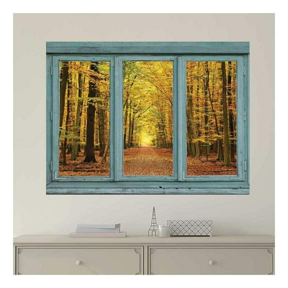 wall26 - Vintage Teal Window Looking Out Into an Orange Forest During The Fall - Wall Mural, Removable Sticker, Home Decor - 24x32 inches