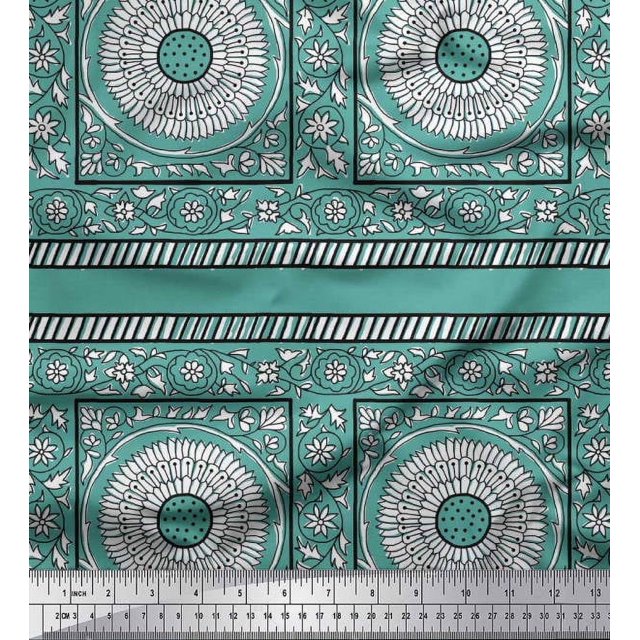 Soimoi Polyester Crepe Fabric Leaves & Floral Block Decor Fabric Printed Yard 52 Inch Wide