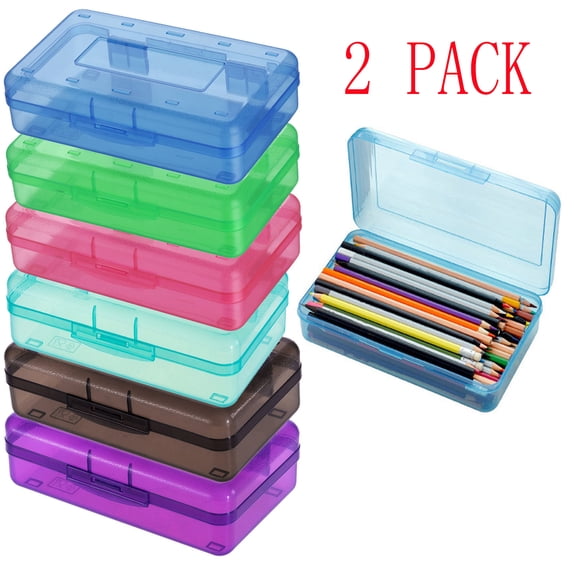 Nkmbld 2 Pack Pencil Box Large Capacity Clear Pencil Case with Snap-Tight Lid, Plastic Hard Pencil Case for Office Supplies, Blue