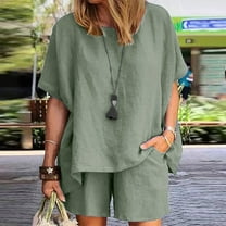 Aloohaidyvio Ladies Plus Size Tops,Women Casual Summer Round Neck Short Sleeve Tops And Shorts Two Pieces Set Suit