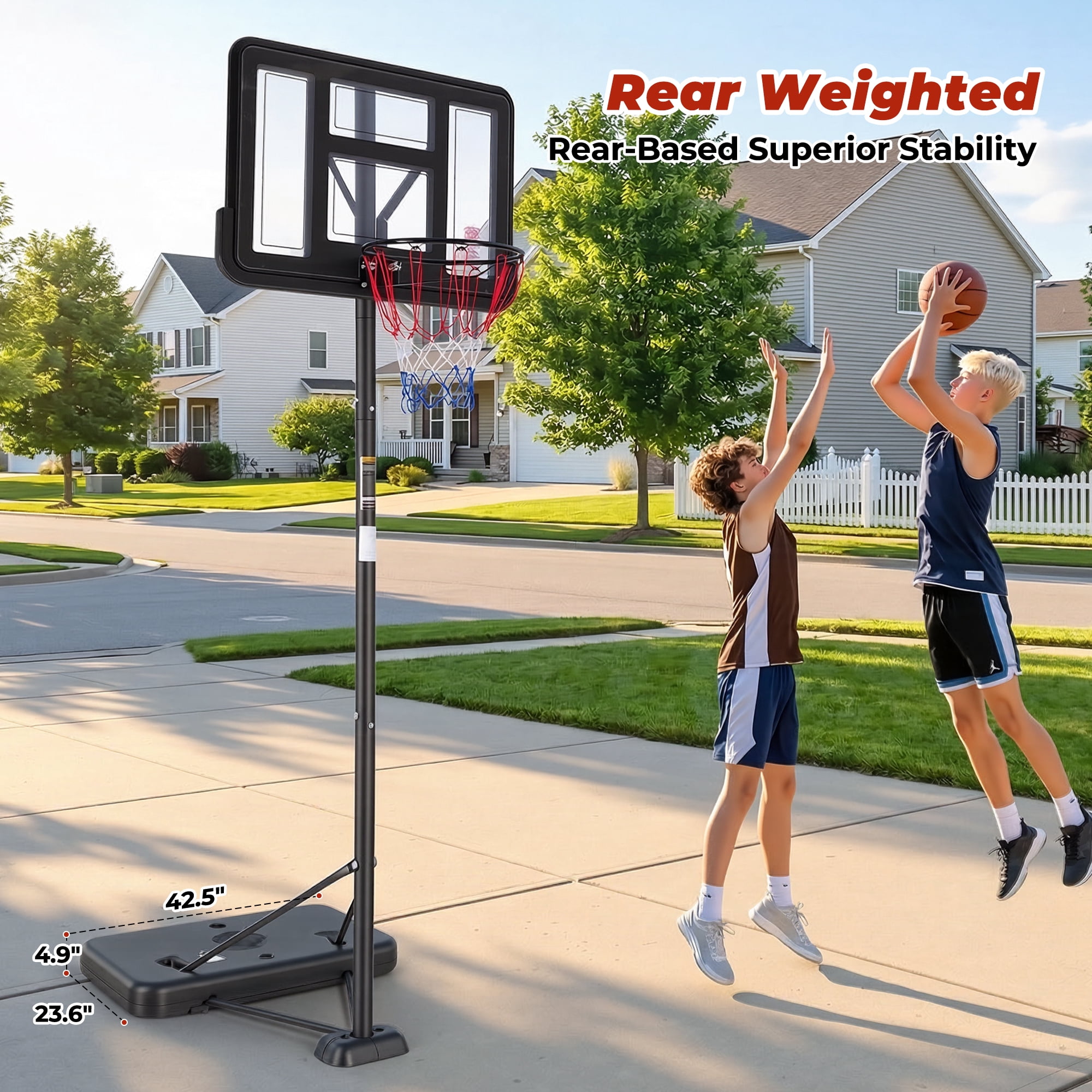 Naipo 44”Portable Basketball Hoop with Upgraded Dual Rear Base 3.5 to 10 FT Adjustable Basketball Stand 270° Safe Play Zone for Everyone in Family