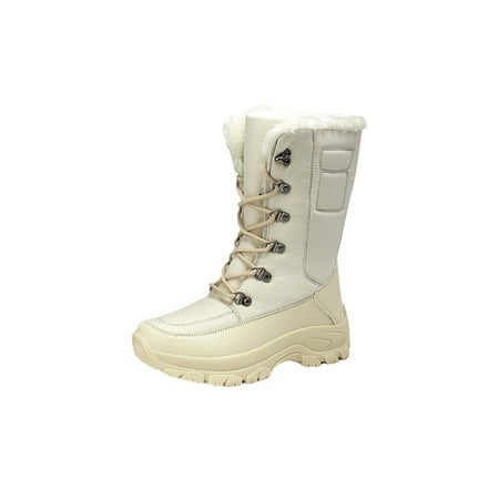 

Kesitin Womens Slip Resistant Lace Up Mid Calf Boot Sports Non-slip Plush Lined Booties Lightweight Thick Fleece Winter Warm Shoes Beige 5.5