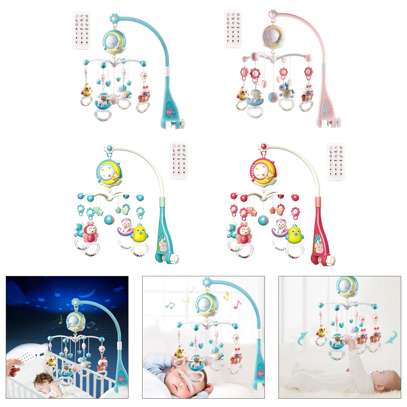 Rotating Rattles and Remote Control Music Box with Music Night Lights Baby Sleeping Toy Baby Musical Crib Mobile