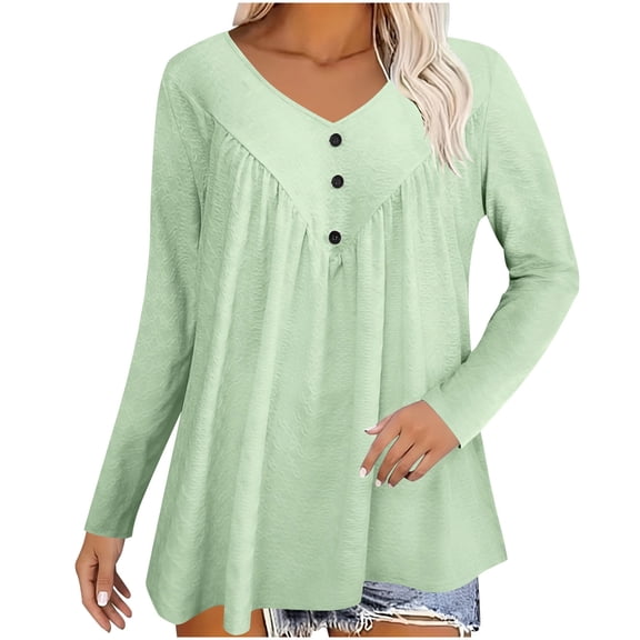 yillto Women's Plus Size Blouse Loose Flowy Long Sleeve Tunic Tops V Neck Pleated Dressy Shirt S-5XL