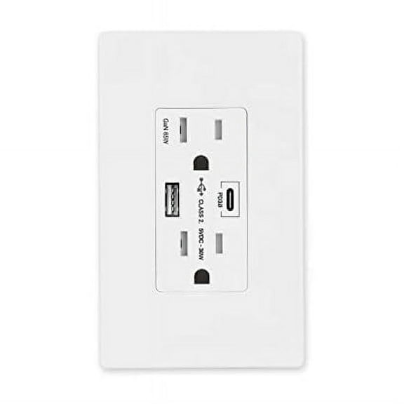 GaN 65W 6Amp 2-Port USB Wall Outlet, 15 Amp Tamper-Resistant Receptacle with 1 USB Type C & 1 Type A Port, USB Charger for USB-C Laptop/iPhone/Samsung/LG, UL Listed