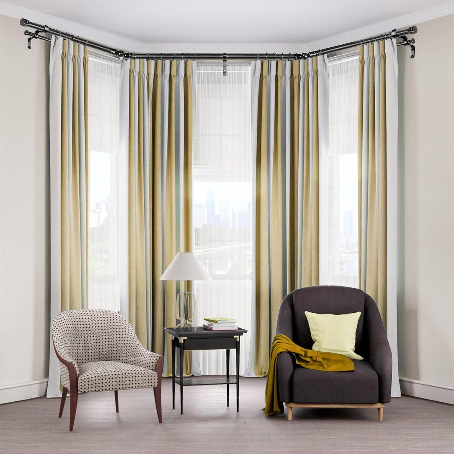 1 Inch Heavy Duty Double Bay Window Curtain Rods,36-72 Inch Center Rod for Window (24 to 68 Inch), 20-36 Inch Side Rods for windows (16-32 Inch), Antique Bronze, End Cap Finials