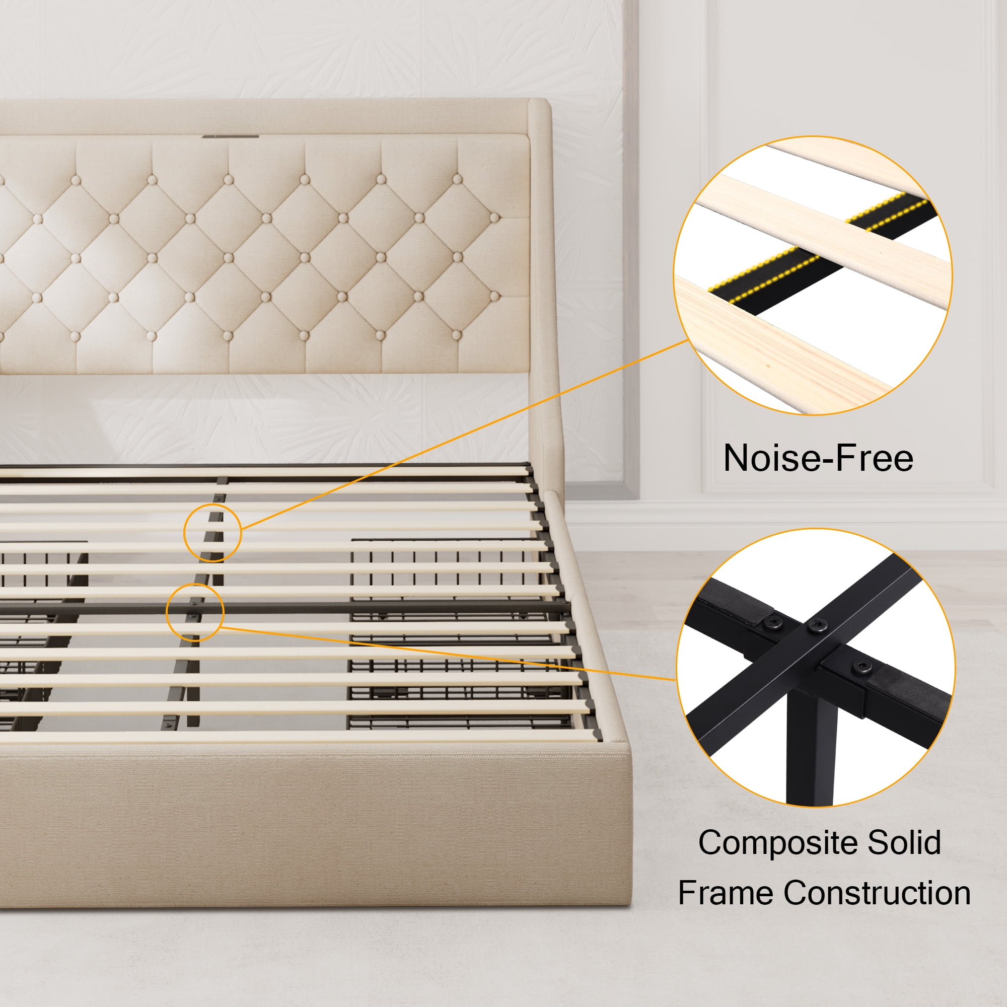 Honfach Queen Bed Frame with 4 Storage Drawers, Upholstered Storage Bed with Charging Station, Wingback Storage Headboard, No Box Spring Needed,Beige