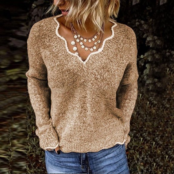 TaTaai Womens Long Sleeve Tops V Neck Solid Embroidered Casual Pullover Blouse Loose for Daily Work