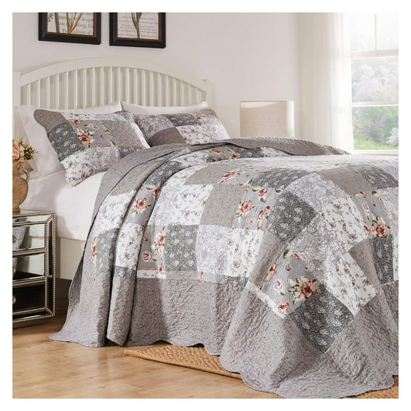 Barefoot Bungalow Giulia Quilted Modern Floral Cotton Bedspread Set, 3-Piece Jumbo King, Gray