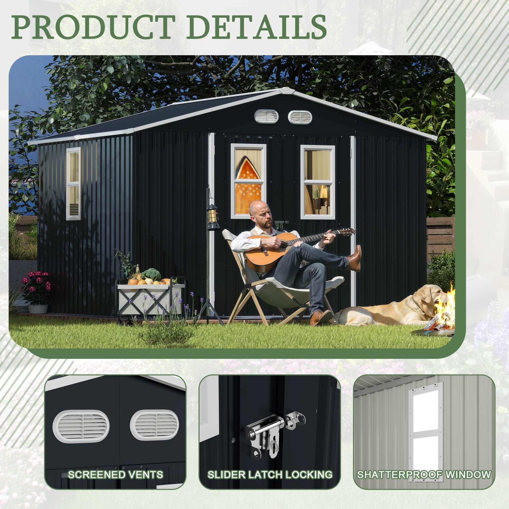 10x8 FT Outdoor Storage Shed, Metal Garden Tool Shed with Windows and Lockable Doors, Updated Frame Bike Shed with Slooping Roof and Air Vents, Dark Grey