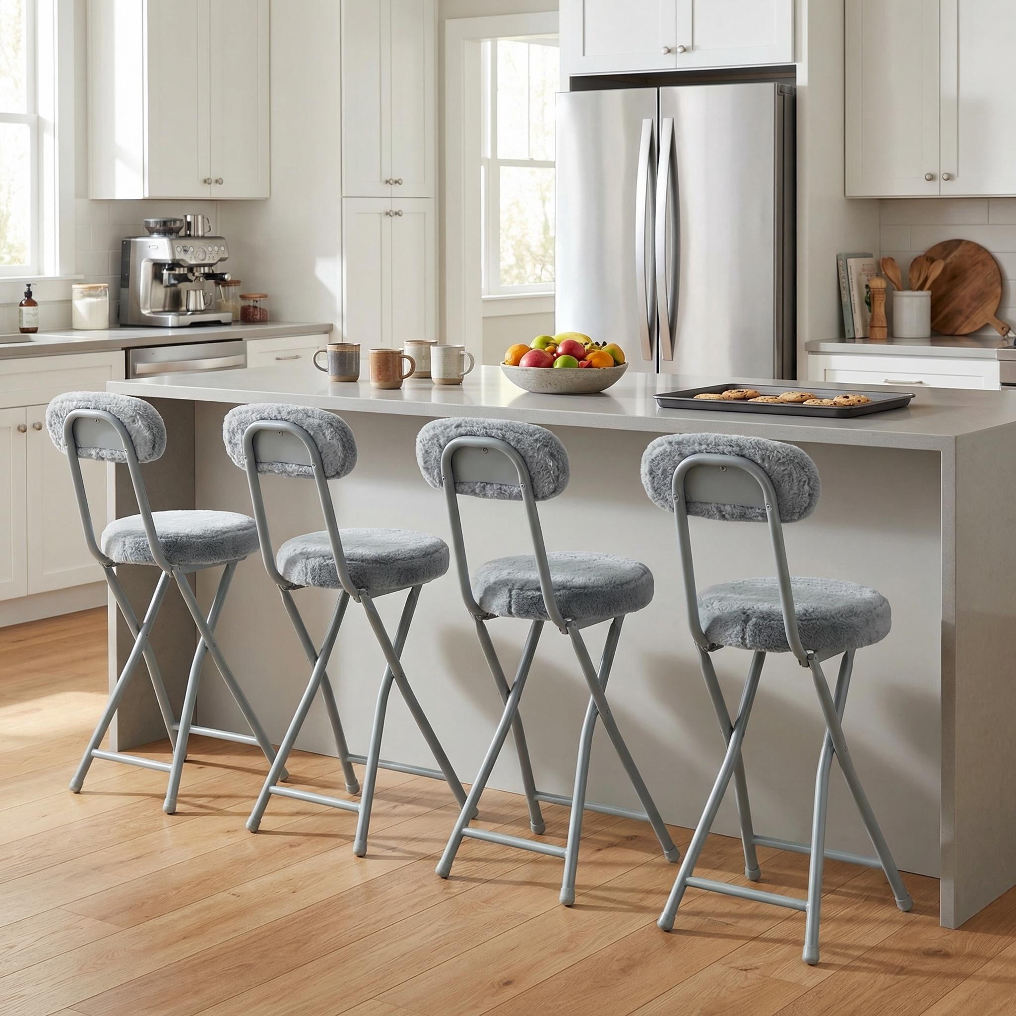 Homy Casa Folding Vanity Chairs Set of 4, Faux Fur Makeup Chairs for Small Spaces, Gray