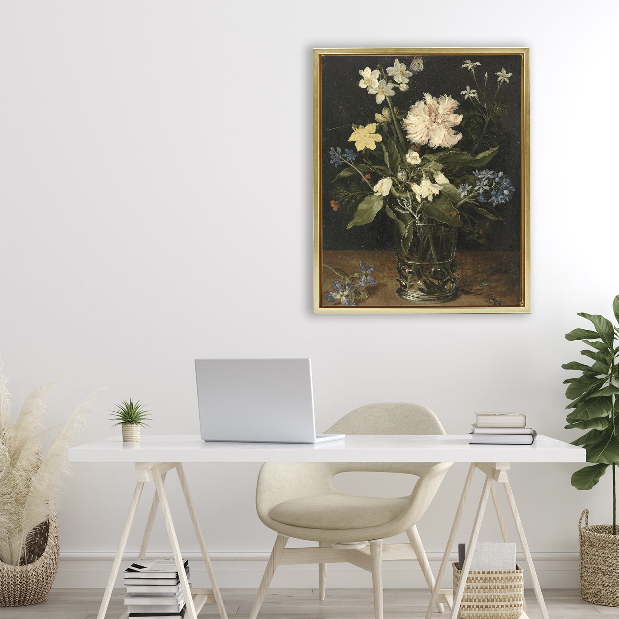 Stupell Industries Chrysanthemum & Flowers in Vase Gold Framed Floater Canvas Wall Art, design by Vintage Hustle