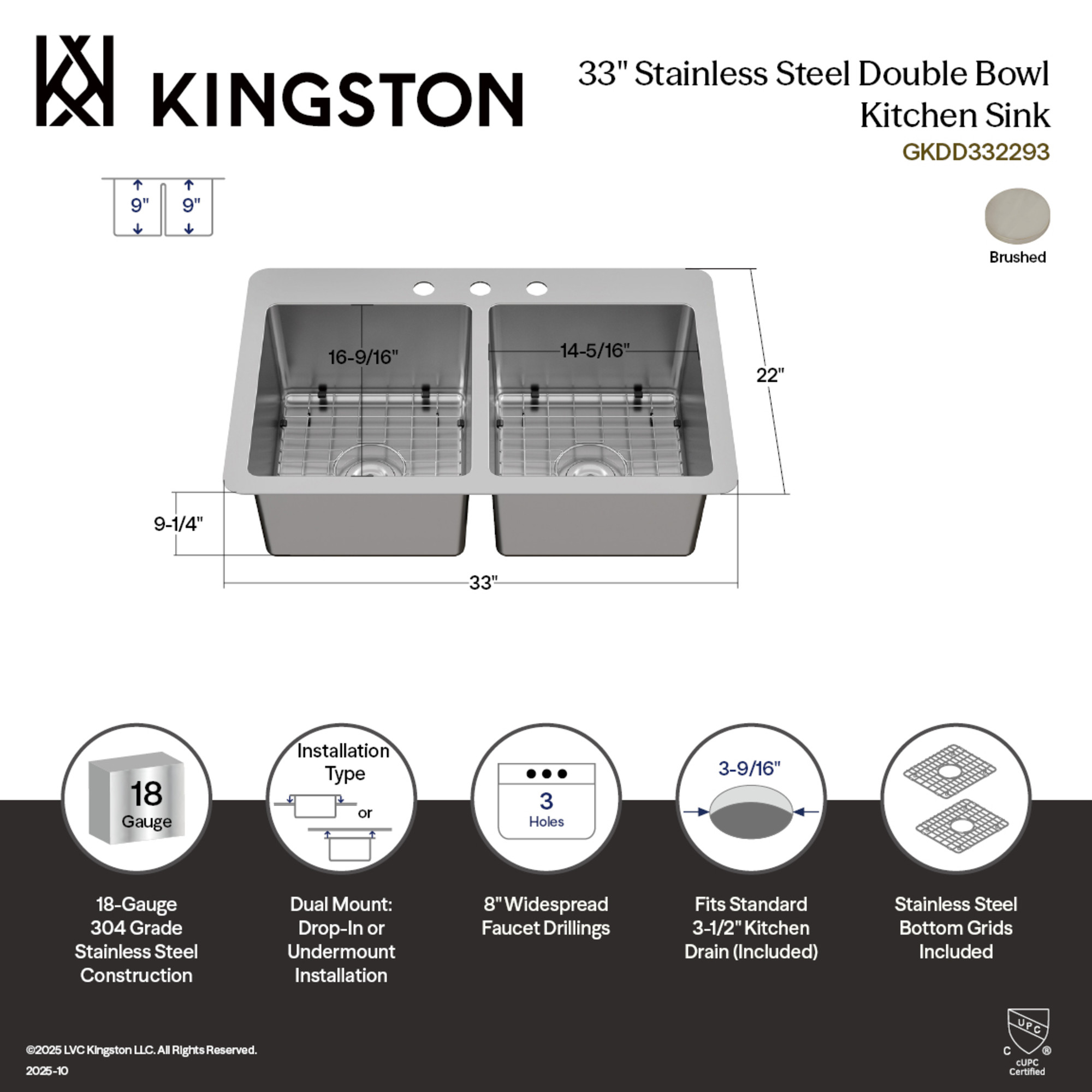 Kingston Brass GKDD332293 Calgary 33-Inch Stainless Steel Double Bowl Dual Mount Kitchen Sink with Drain in Brushed