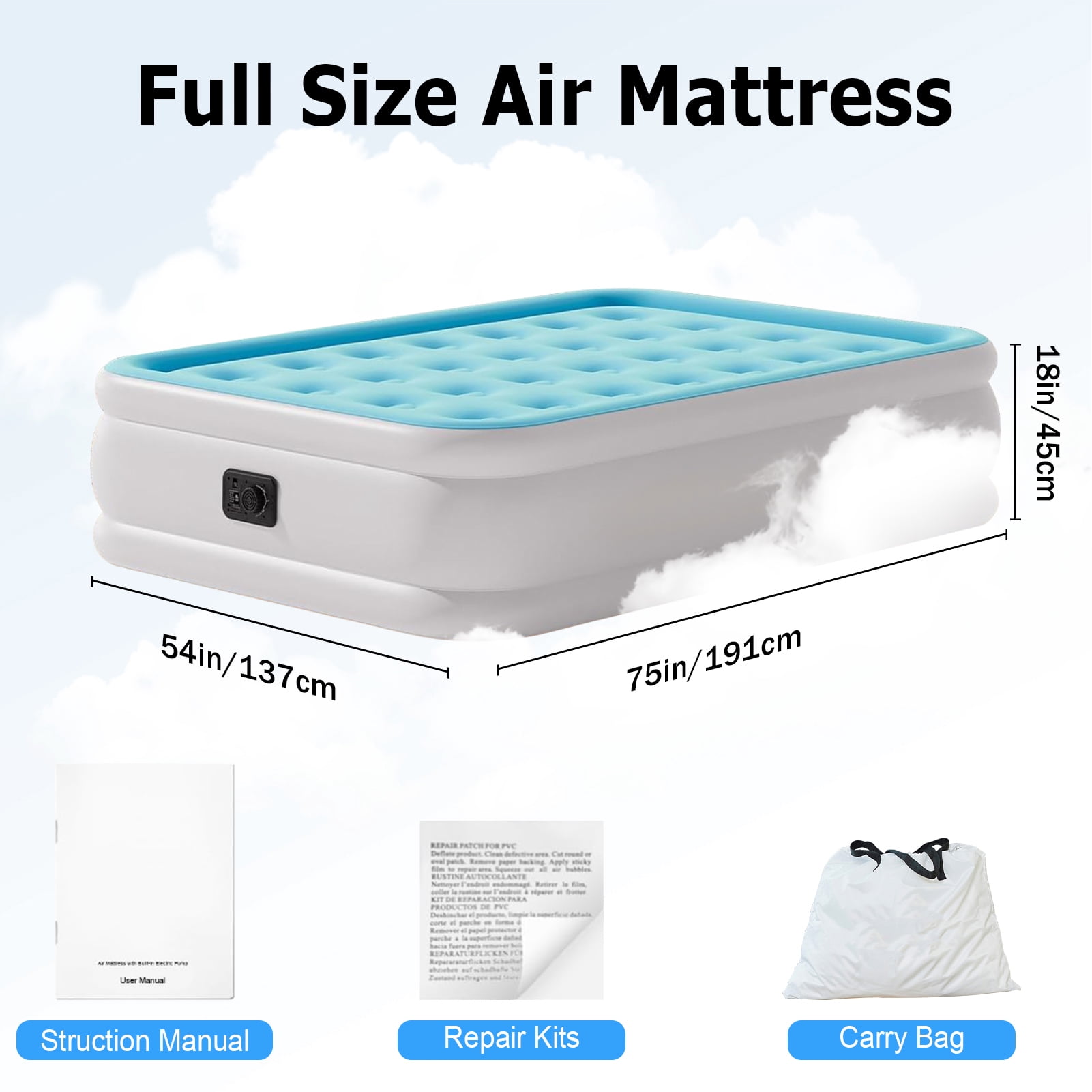 Full Air Mattress with Built-in Pump 18" Top Flocking,Raised Comfort,Fast Inflation/Deflation Foldable Portable Air Bed with Storage Bag for Home,Camping,Guests Light Blue