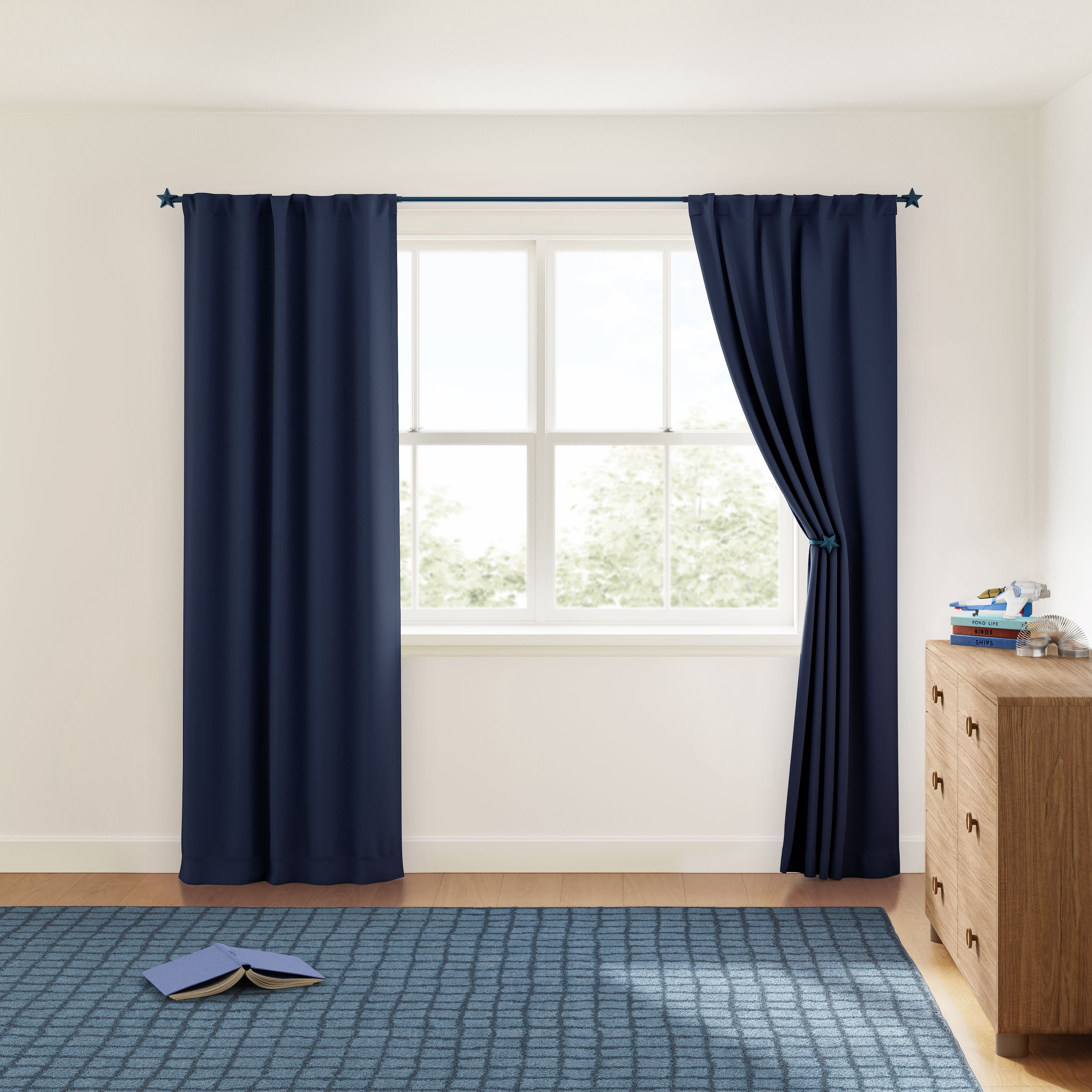 Mainstays Kids Navy Blue Solid Blackout Rod Pocket with Back Tabs Curtain Panel Pair, Set of 2, 30" W x 84" L
