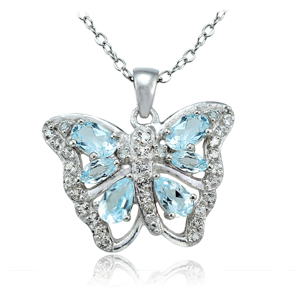 Sterling Silver Blue Topaz and White Topaz Butterfly Necklace