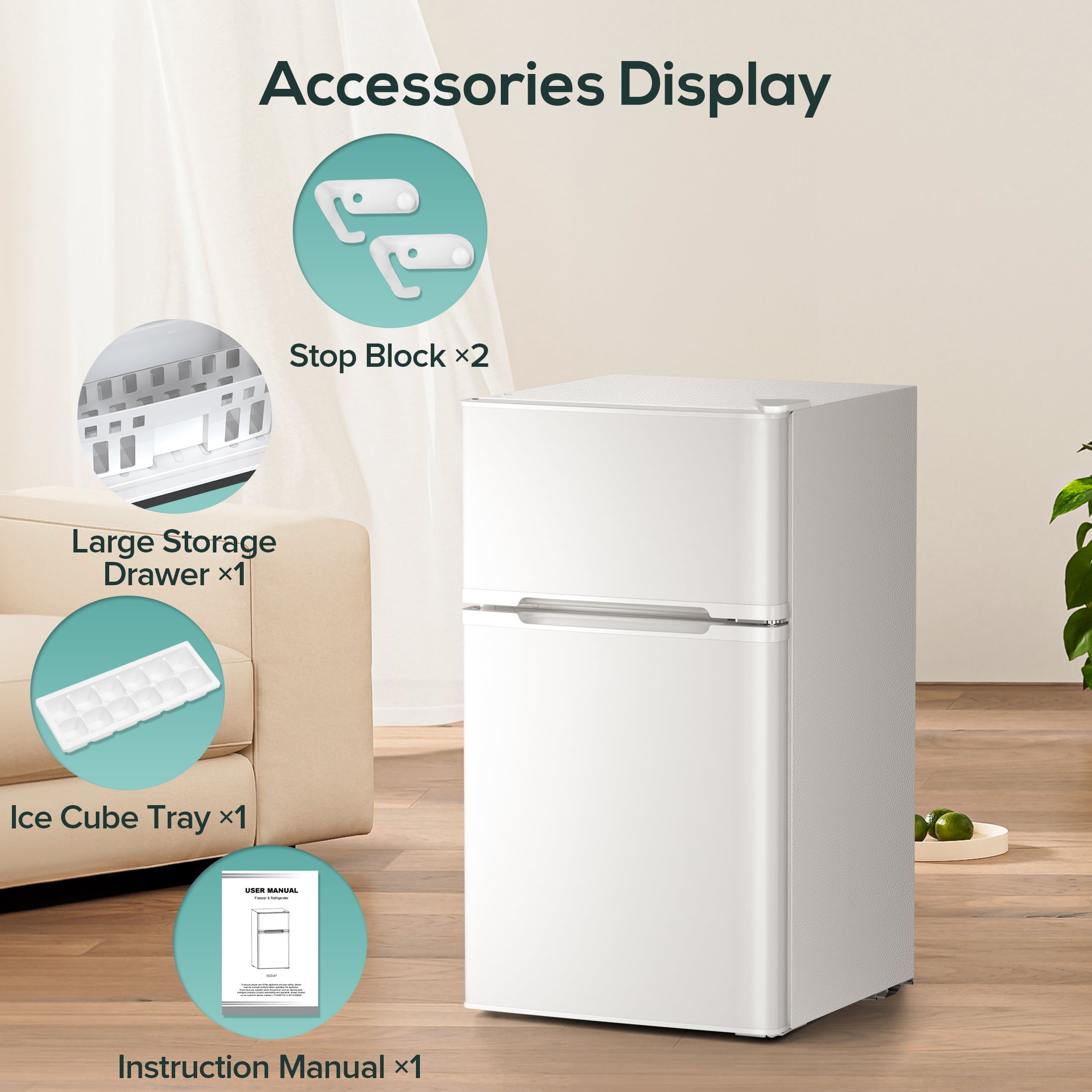 Auseo 2 Door  3.2 Cu.Ft Mini Fridge Adjustable Temperature Refrigerators with Removable Shelves, Suitable for Home/Kitchen/Office/Dorm, White