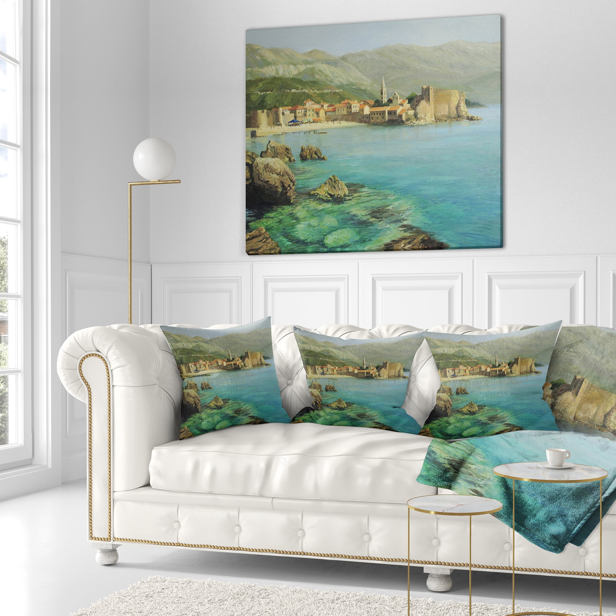 Designart Bay Near Old Budva - Landscape Painting Throw Pillow - 18x18