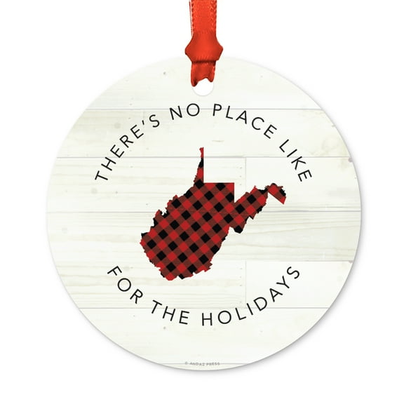 US State Round Metal Christmas Ornament, Red Plaid on Light Rustic Wood, West Virginia, Includes Ribbon and Gift Bag