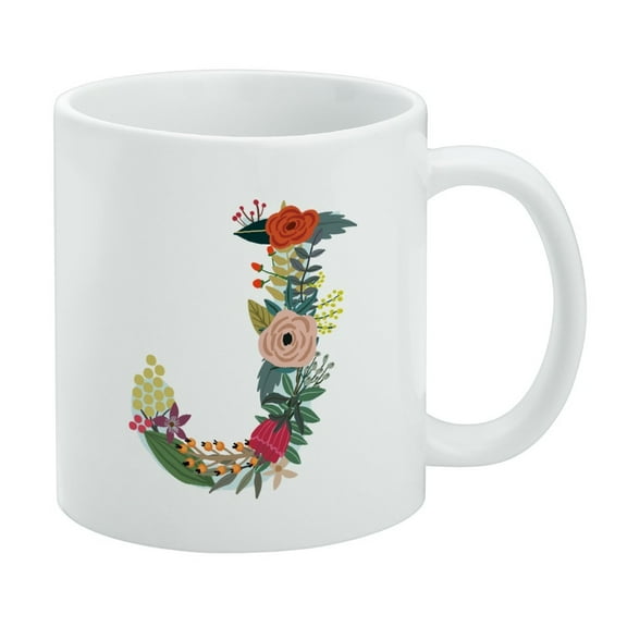 Letter J Floral Monogram Initial White Mug