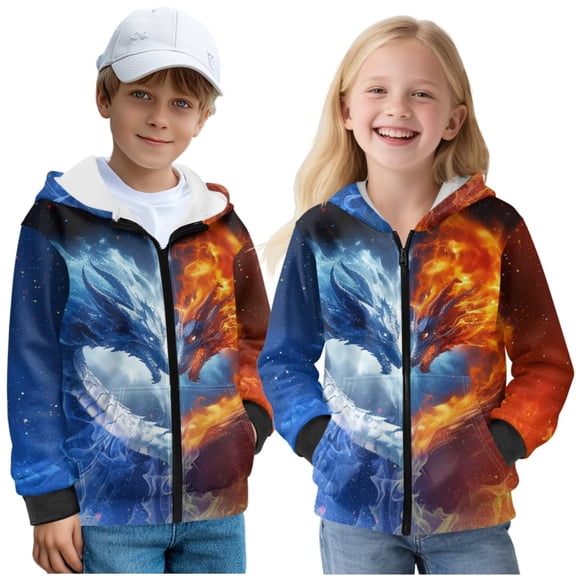 Uorisanigo Kids Hoodie Hooded Sweatshirt Long Sleeve Full-Zip Ice Fire Dragon Sweatshirts Jackets with Kangaroo Pockets, Outwear Coat Jackets Spring Autumn Warm Shirts