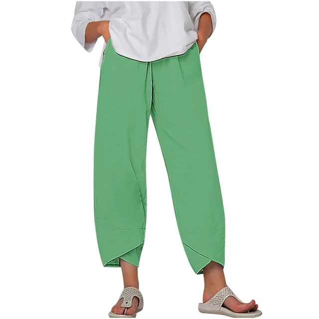 Timegard Plus Size Pants for Women Elastic Waist Solid Color Comfy Fall Casual Crop Pants with Pockets
