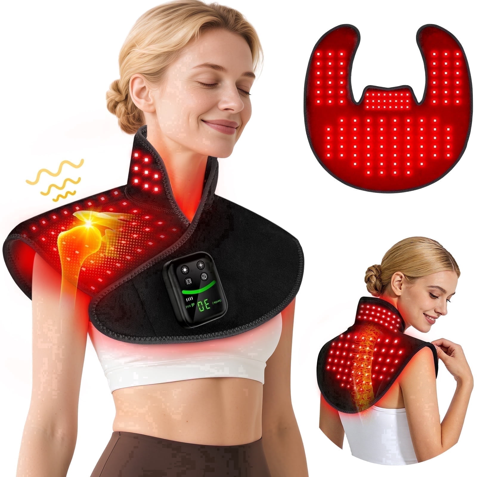 Neck Shoulder Red Light Therapy Pad, 118 Infrared LEDs 5000mAh Controller Heat Vibration Massage Timer Pulse Modes