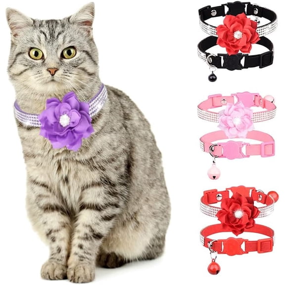 1Pack Rhinestones Dog Cat Collars with Bell Bling Pet Puppy Collars Floral Soft Velvet Crystal Collars Girl Jeweled Necklace