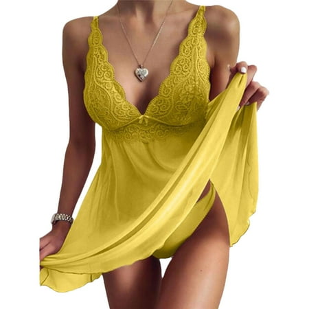 

SHerrylily Women V-Neck Lace Mesh Halter Two Pieces Set Pajamas
