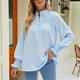 thumbnail image 2 of Mujeres agárico cordones turtleneck camisa manga larga abotonado Top suelta casual stand collar blusa, 2 of 6