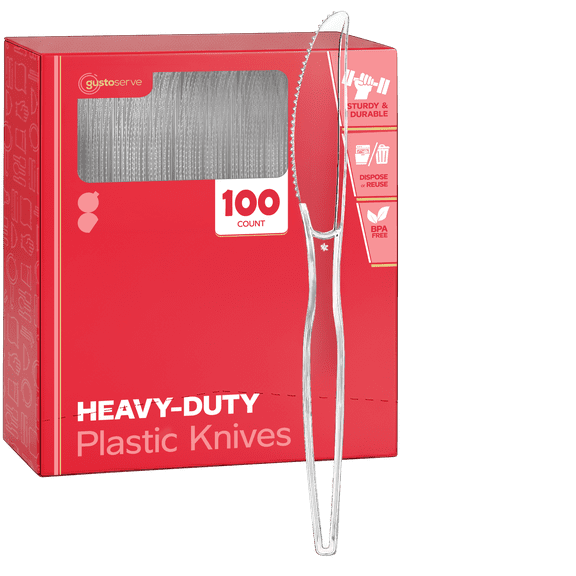 GUSTO Basic Clear Plastic Knives Disposable Cutlery Heavy Duty, 100-Pack