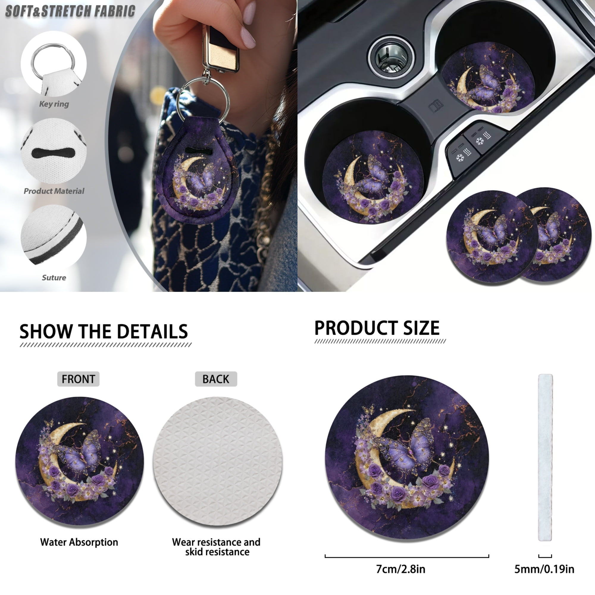 Jeiento Butterfly Car Seat Cover Full Set Car Floor Mats Steering Wheel Cover Seatbelt Cover Moon Armrest Cover Purple Universal Auto Interior Accessories Set for Women Men
