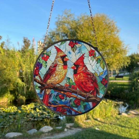 Cardinal Birds Painted Stained Glass Suncatcher, Window Hanging Decor, Outdoor Sun Catcher Decor, BirdsÃ‚ WallÃ‚ Decor