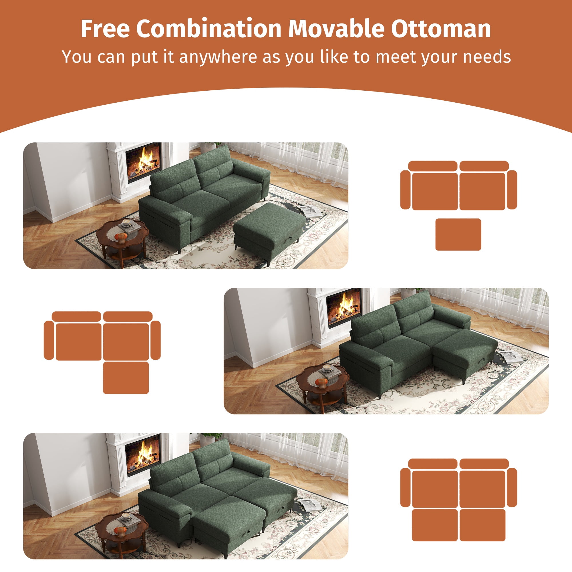 88" Loveseat Sofa with Storage Ottoman Adjustable Armrest 3-Seat L-Shaped Sectional Couch for Living Room Green
