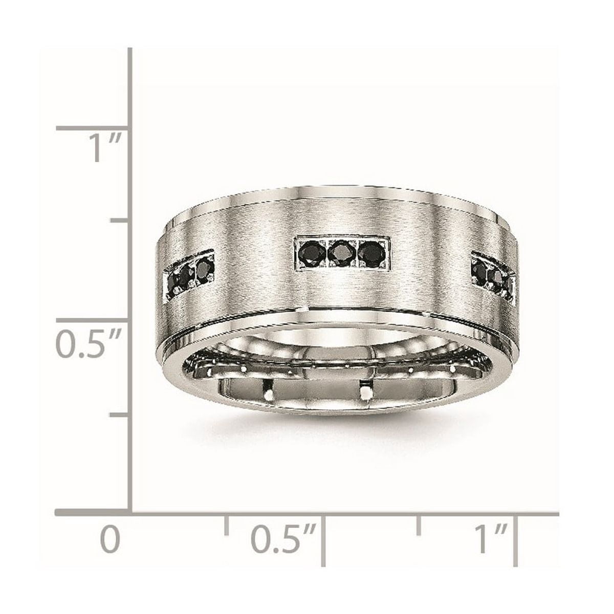 9mm Stainless Steel Brushed and Polished Ridged Edged Black Cubic Zirconia Ring Size 12 Ring for Women