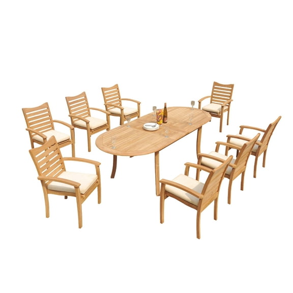 Grade-A Teak Dining Set: 8 Seater 9 Pc: 94" Oval Table And 8 Aspen Stacking Arm Chairs Outdoor Patio WholesaleTeak #51AP2209