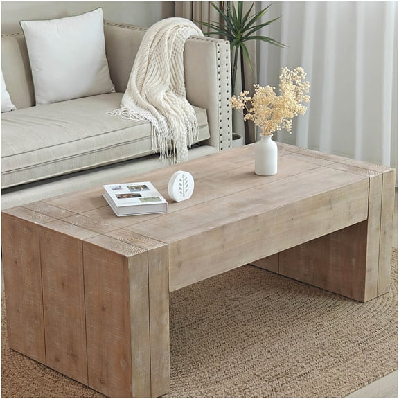 Rustic Modern Farmhouse Coffee Table, Natural Wood Rectangular Center Table for Living Room