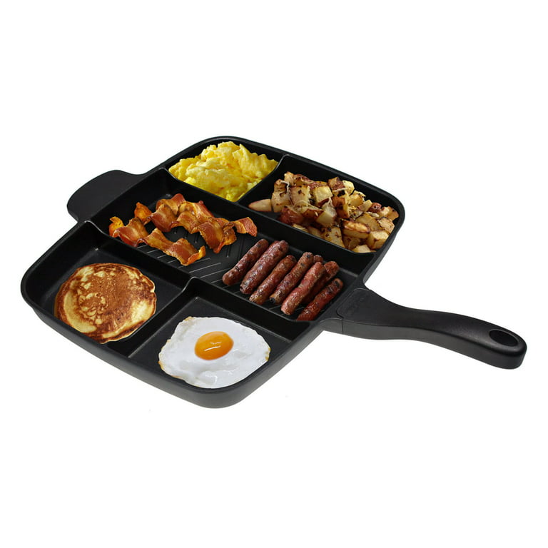 Pan is divided into 3 parts for meals a grill pan for cooking and frying  kitchen