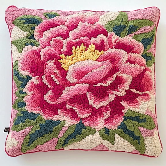 Latch Hook Kits Pillow Pink Peony Flower Crochet Yarn Cushion Colour Pre-Printed Canvas Rug Needlework Diy Pillowcase Hook And Latch Kit Christmas Home Arts Crafts Sofa Decoration 43X43Cm/17