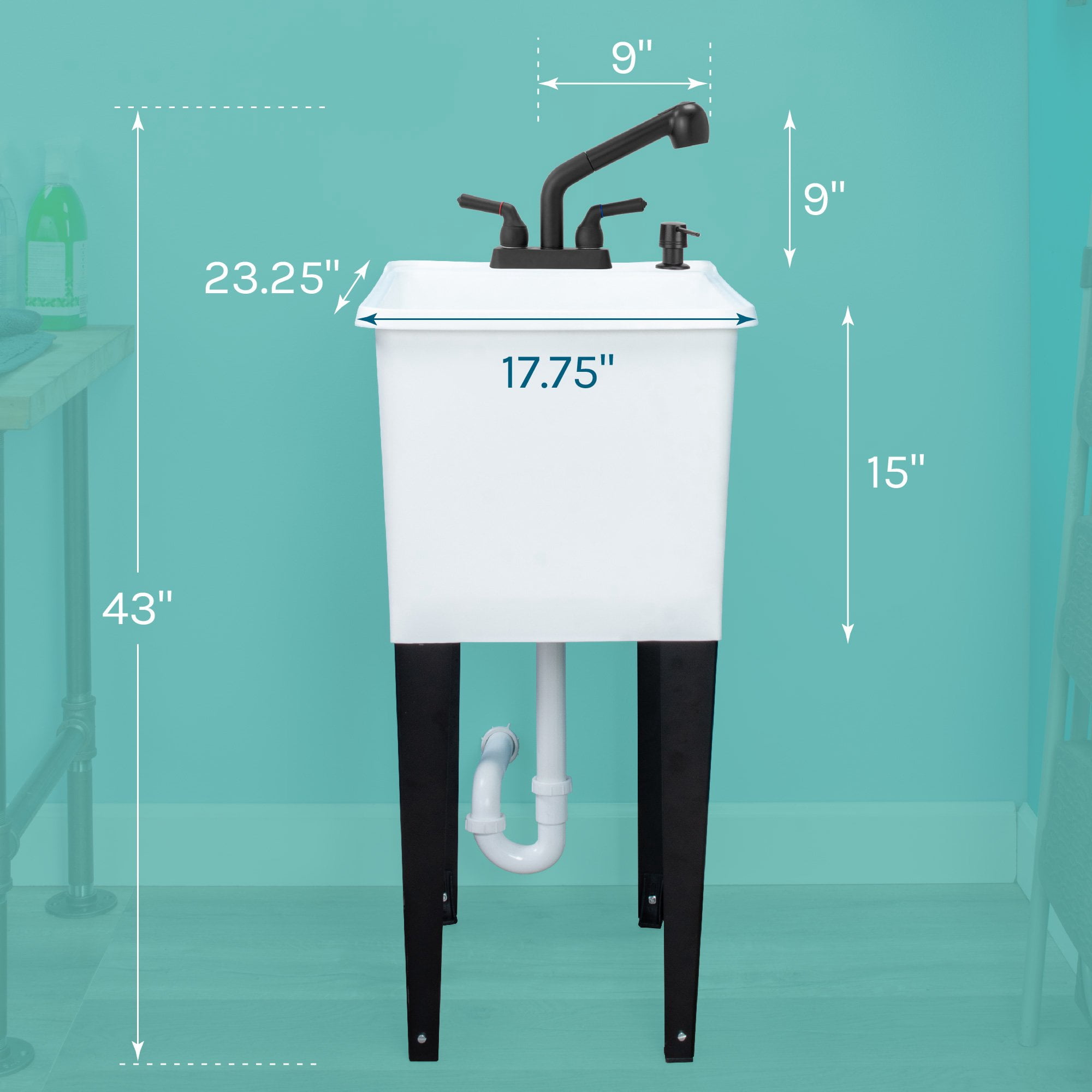 TEHILA White Freestanding Floor Mount Space Saver Utility Sink with Black Faucet for Laundry Room