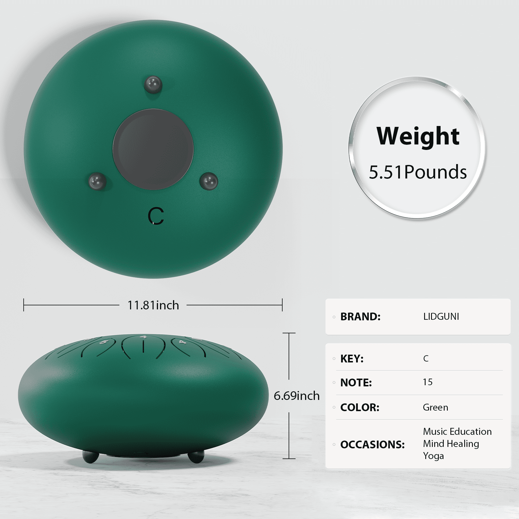 Lidguni 12" 15-Notes C Major Rain Drum, Tongue Pan Drums for Kids Adults, Green